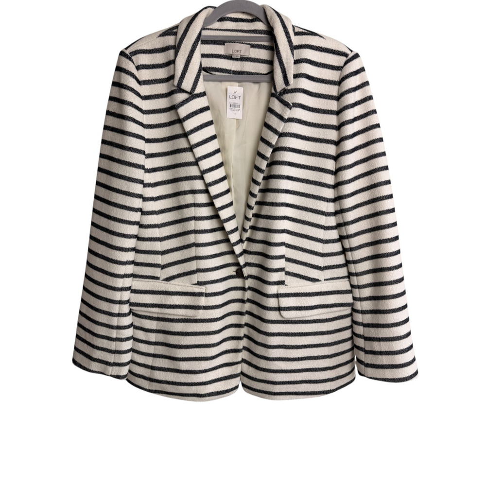 LOFT Navy Blue White Stripe Open Front Blazer Jacket Gold Crest Buttons NWT 14